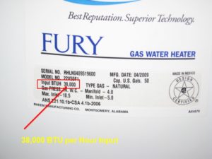 Combustion air requirements - water heater label displaying BTU's per hour