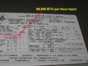 Combustion air requirements - furnace label displaying BTU's per hour